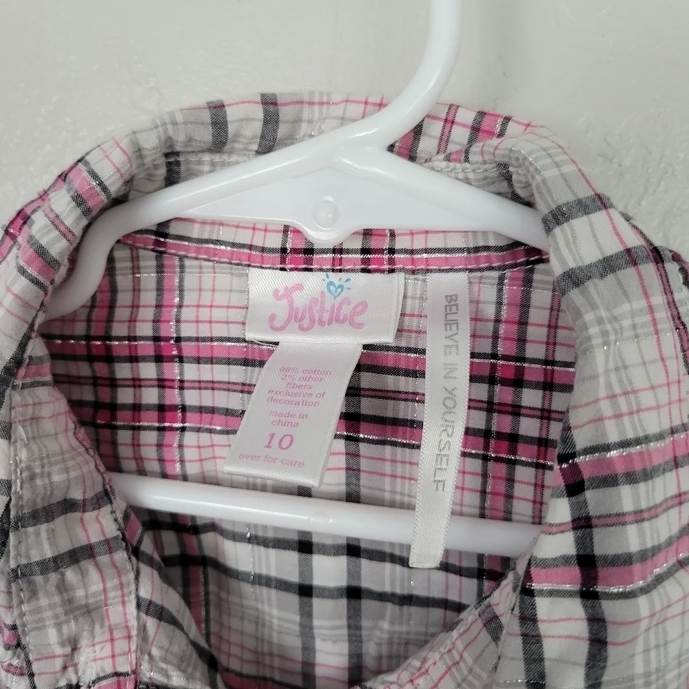 Justice Girls 10 Pink White Black Plaid Short Sleeve Shirt Button Up Top